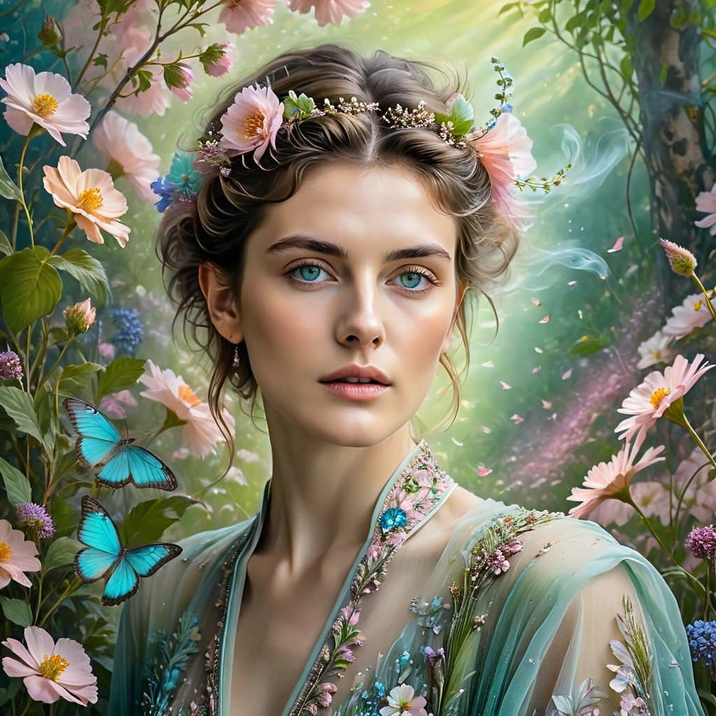 AI generated: epic realistic, mdjrny-v4 style of a young model Stella Tennant, whimsical fantasy elegant meadow fl...