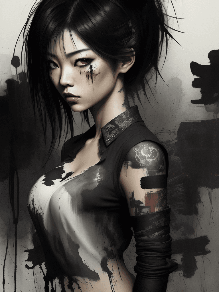 AI generated: aesthetic, painterly style, modern ink, Asian girl, sensual, sultry, dark blouse, expressive pose, u...