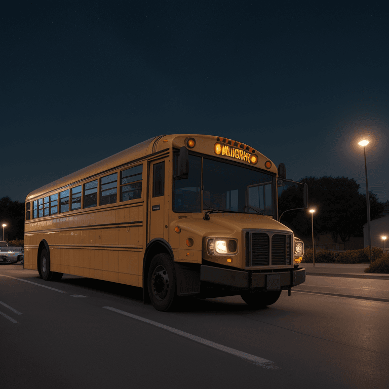 AI generated: full view of a school bus, perspective, waiting in a parking lot, by night, balanced natural and LED...