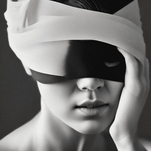 AI generated: a fine art cinematic photography portrait of a women, blindfolded with a brushstroke, face straight ...