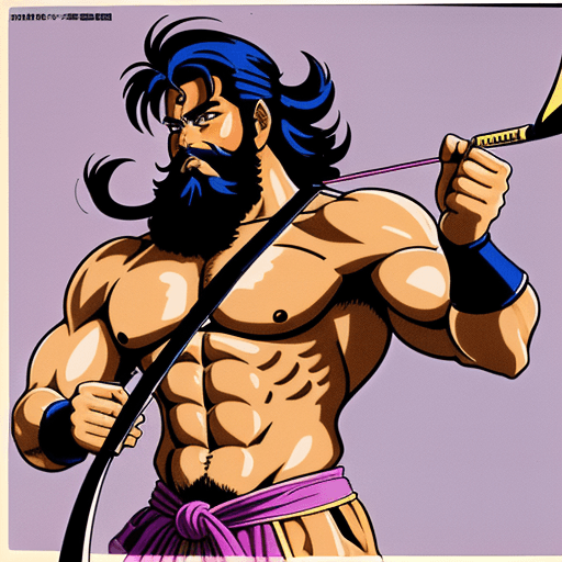 AI generated: 1980s anime still in the style of Tsukasa Hojo, Sri Ram with a beard, with muscular physique wieldin...