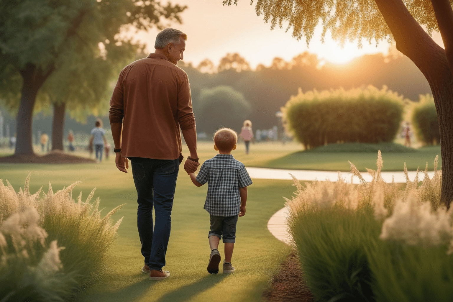 AI generated: photo realism, hd, 8k, highly defined, side view, father and child walking through park hand in hand...