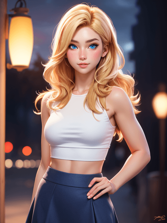 AI generated: realistic, 1girl, blonde hair, blue eyes, glowing eyes, crop top, skirt, parted lips, blush, night, ...