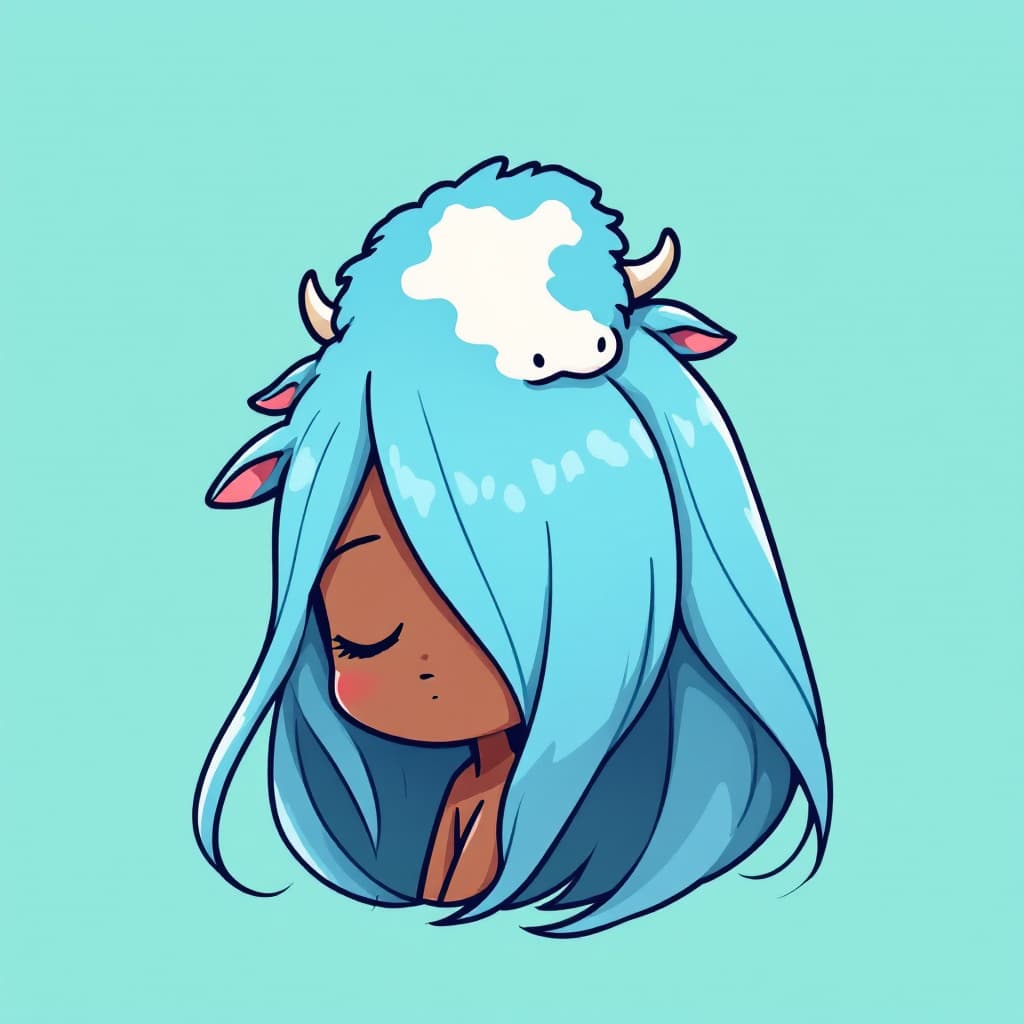 AI generated: best quality,Teal theme,outline,
(chibi:1.2),(absurdly long hair,gradient hair:1.2),blue cow on head...