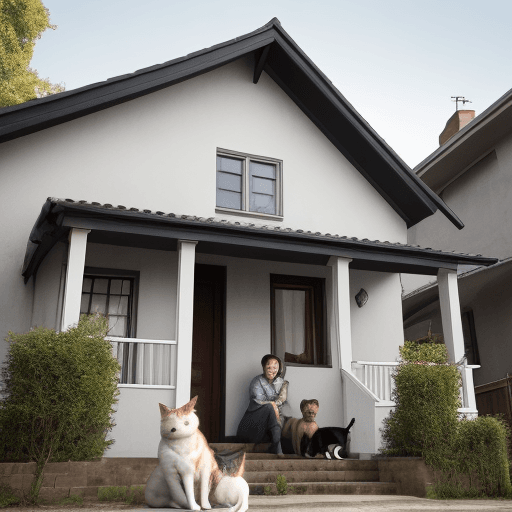 AI generated: house with person in front with a dog and a cat next to them