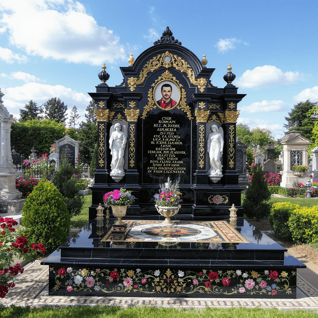 AI generated: A richly detailed Roma-style black granite grave monument in a cemetery, showing the full burial sit...