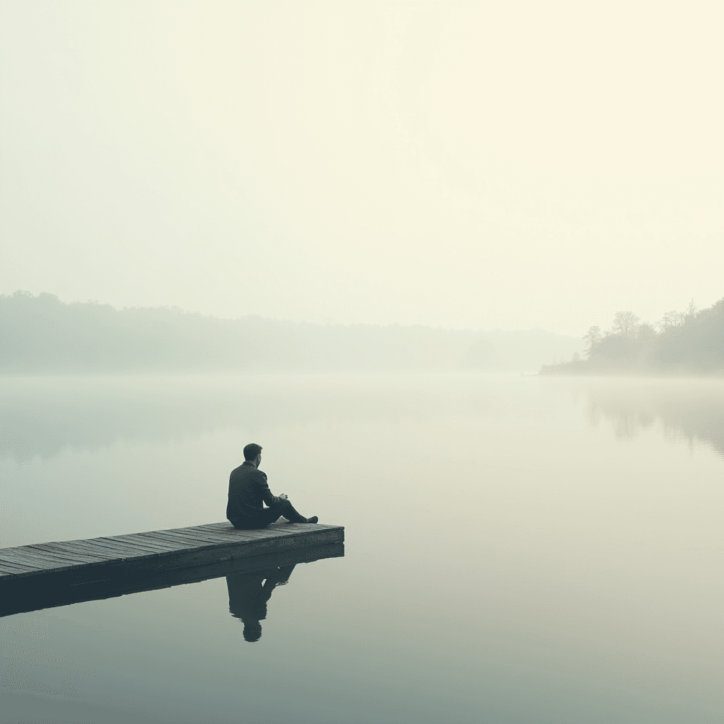 AI generated: A minimalist, muted-tone photograph of a lone man sitting calmly on a small wooden dock by a still f...
