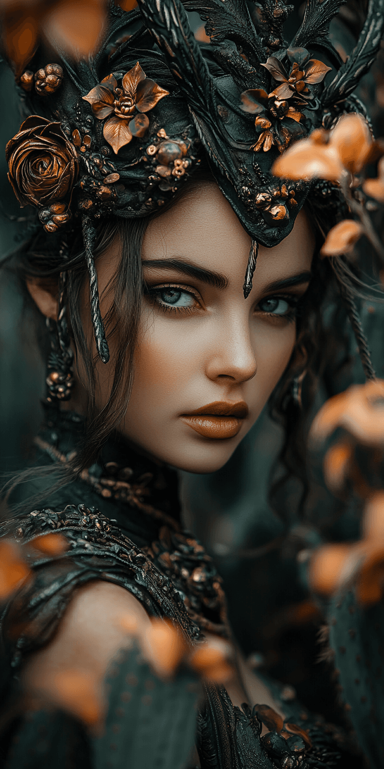 AI generated: A stunningly beautiful dark-haired fae queen, wearing an ornate headdress made of thorns and copper ...