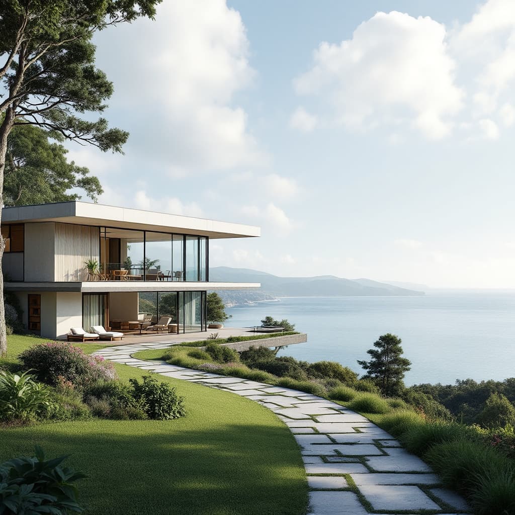 AI generated: Hyper realistic eye level exterior photo of a mid century modern style house overlooking the ocean, ...
