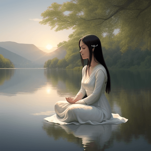AI generated: The picture shows a woman seated in a tranquil setting, perhaps by a lake with her legs crossed, med...