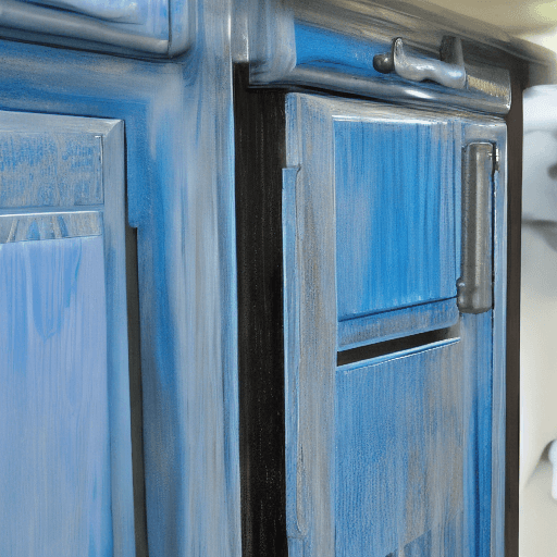 AI generated: AIR BRUSH PAINTING A KITCHEN CABINET, THE PAINT LOOKS BLUE IN THE AIR.
