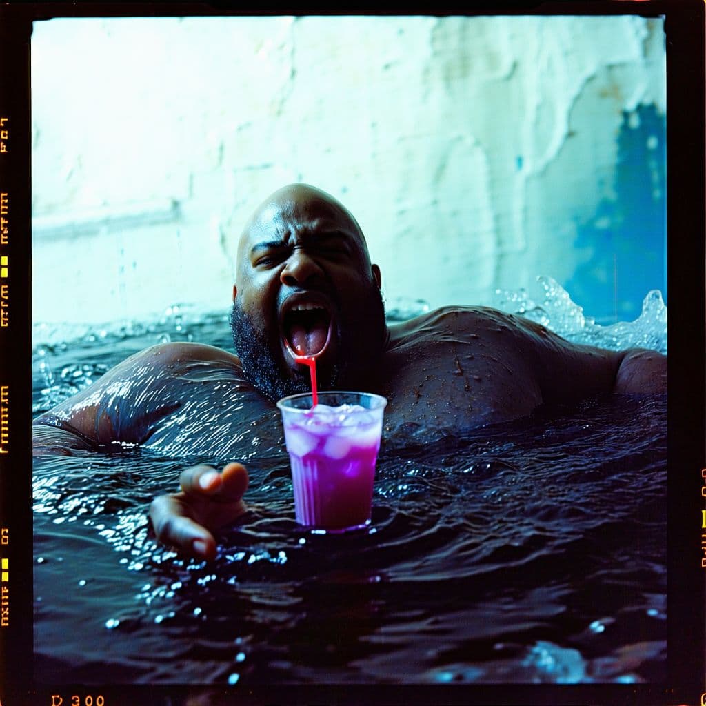 AI generated: grainy 80's photograph quality polaroid of big fat bald neurotic fearful black man floating into a b...