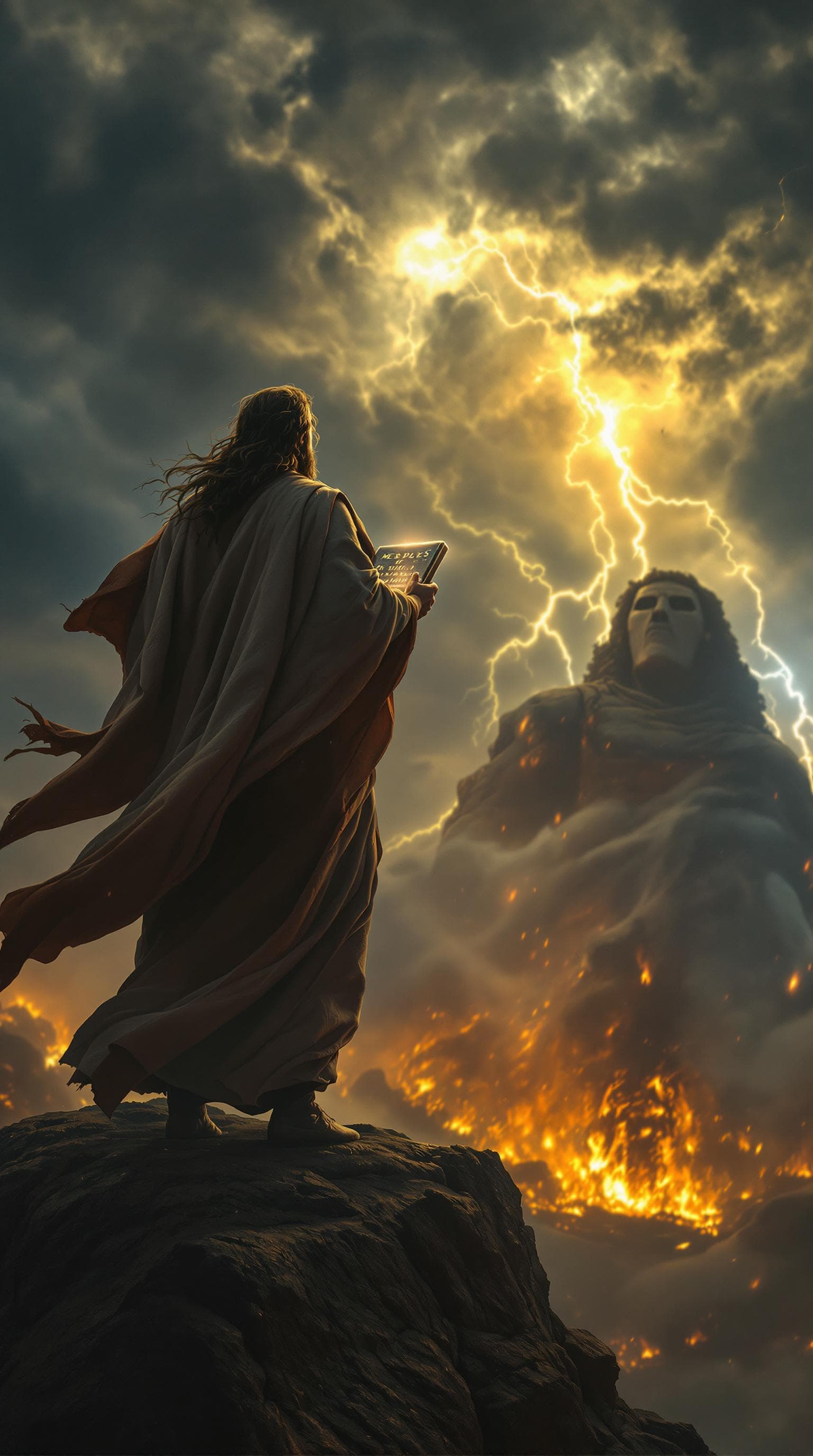 AI generated: Moses is atop Mount Sinai, holding the glowing stone tablets in his hands. The sky above is filled w...