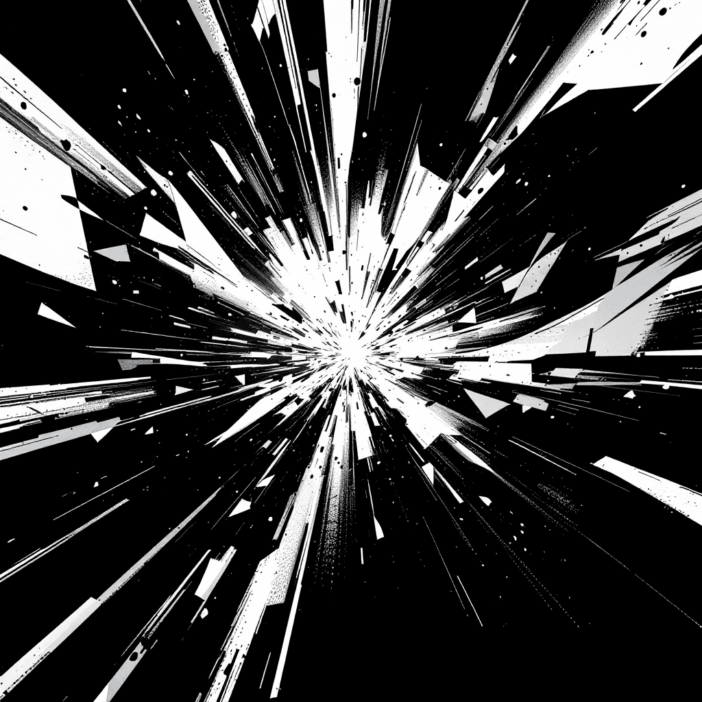 AI generated: black and white, rough random shapes, sleek, energetic, explosive, electronic music