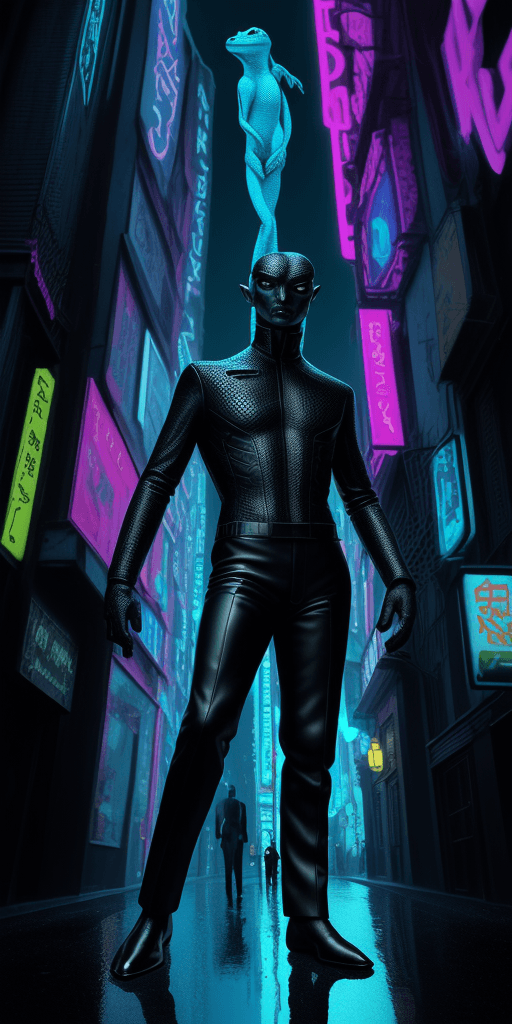 AI generated: (4k 4d rfktrstyle Tiny monitor lizard Person hybrid, two feet tall, wearing tight leather, black lon...