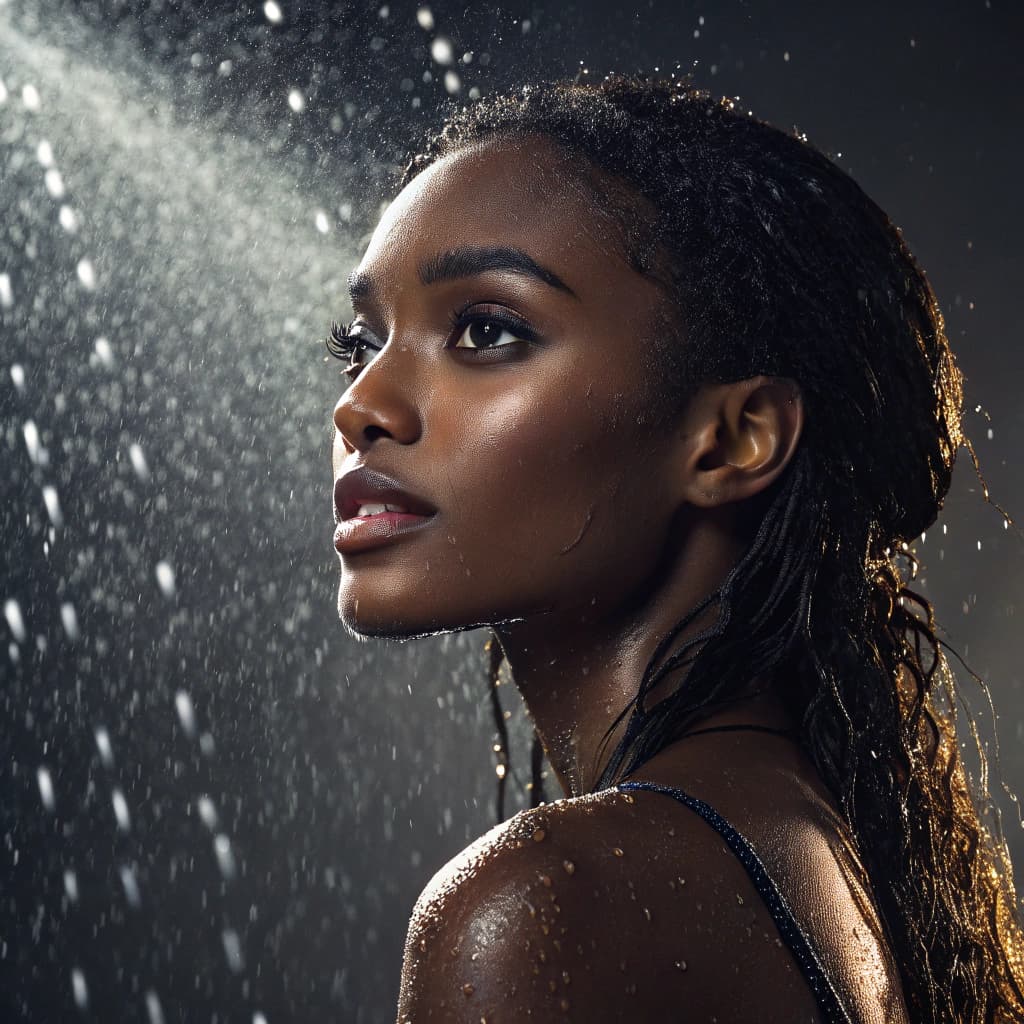 AI generated: fashion editorial, a portrait of a young beautiful black woman in water drops, wet hair and skeen, m...