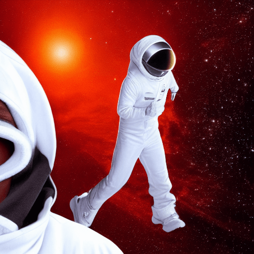 AI generated: a Blackman in a white ski mask and is wearing white track suit, with a nasa logo on his tracksuit, f...