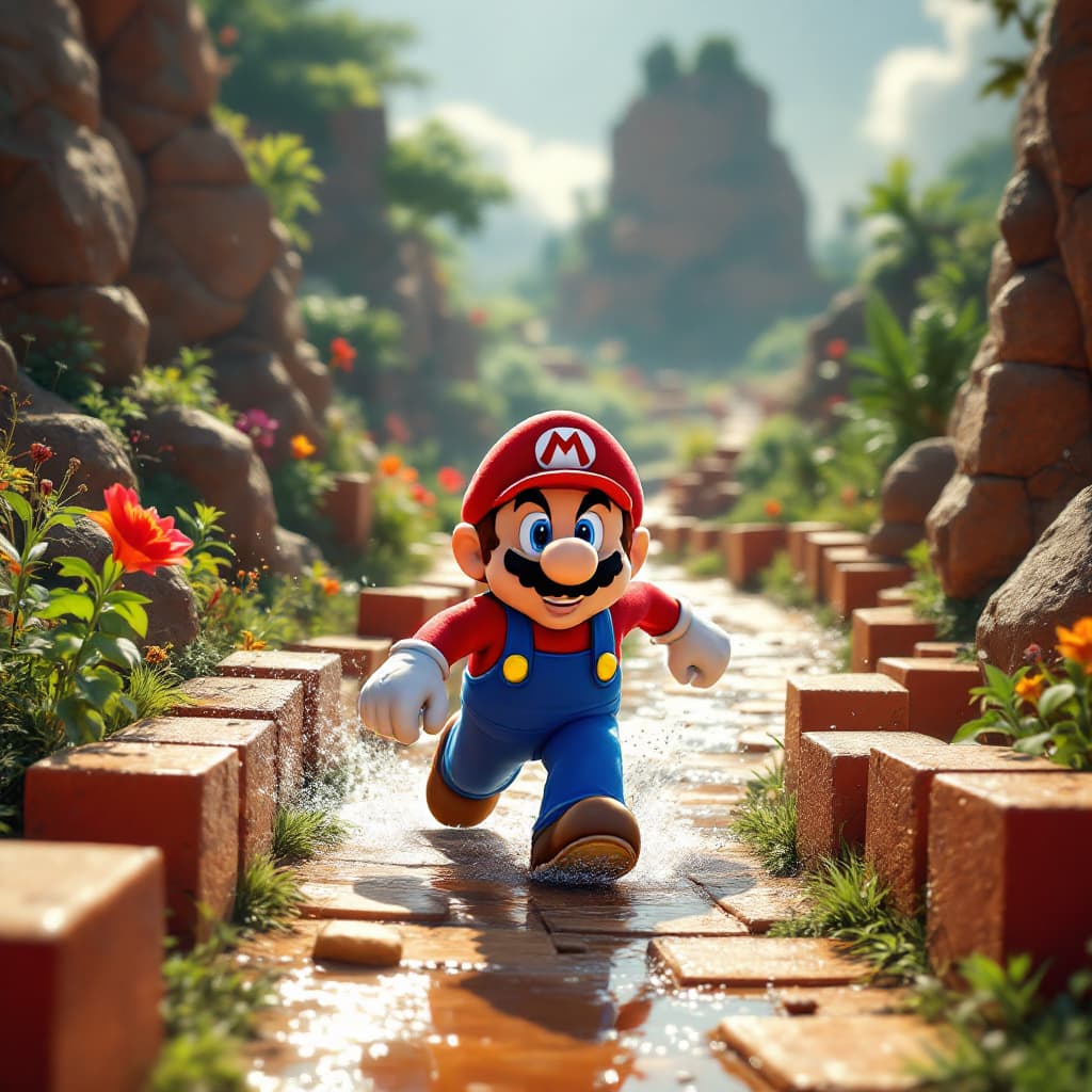 AI generated: Em uma versão TRAQUILA e CALMA do mundo de Mario, Mario corre por um caminho CLARO e tortuoso, ladea...