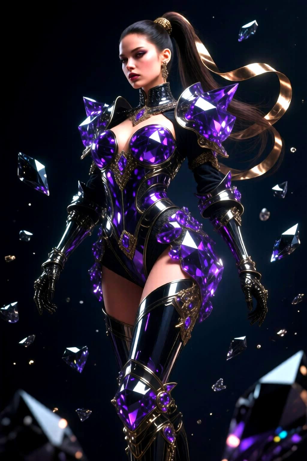AI generated: stunning dark empress with a couture crystal armor set, glossy purples and blacks, sculpted pieces h...