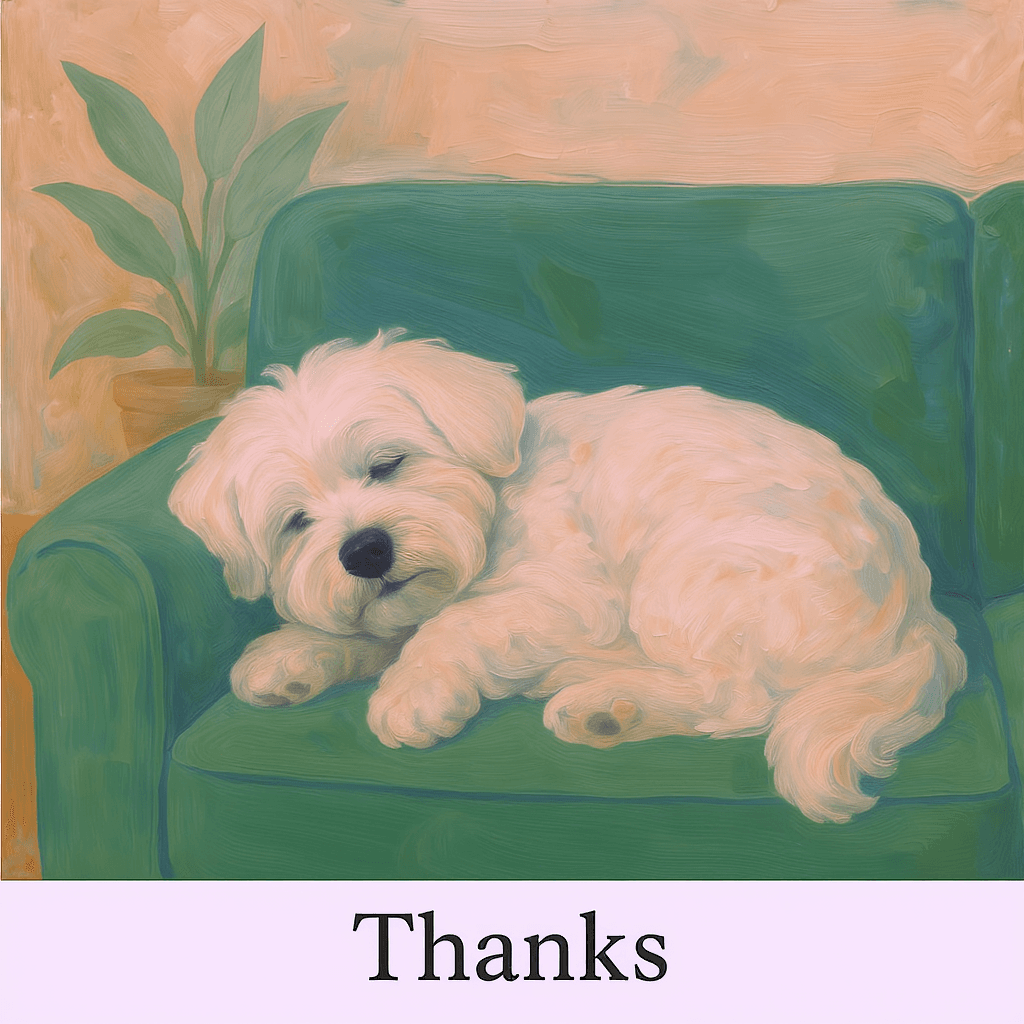 AI generated: A minimalist oil painting of a white maltese sleeping on a green sofa with some plant, pastel color ...