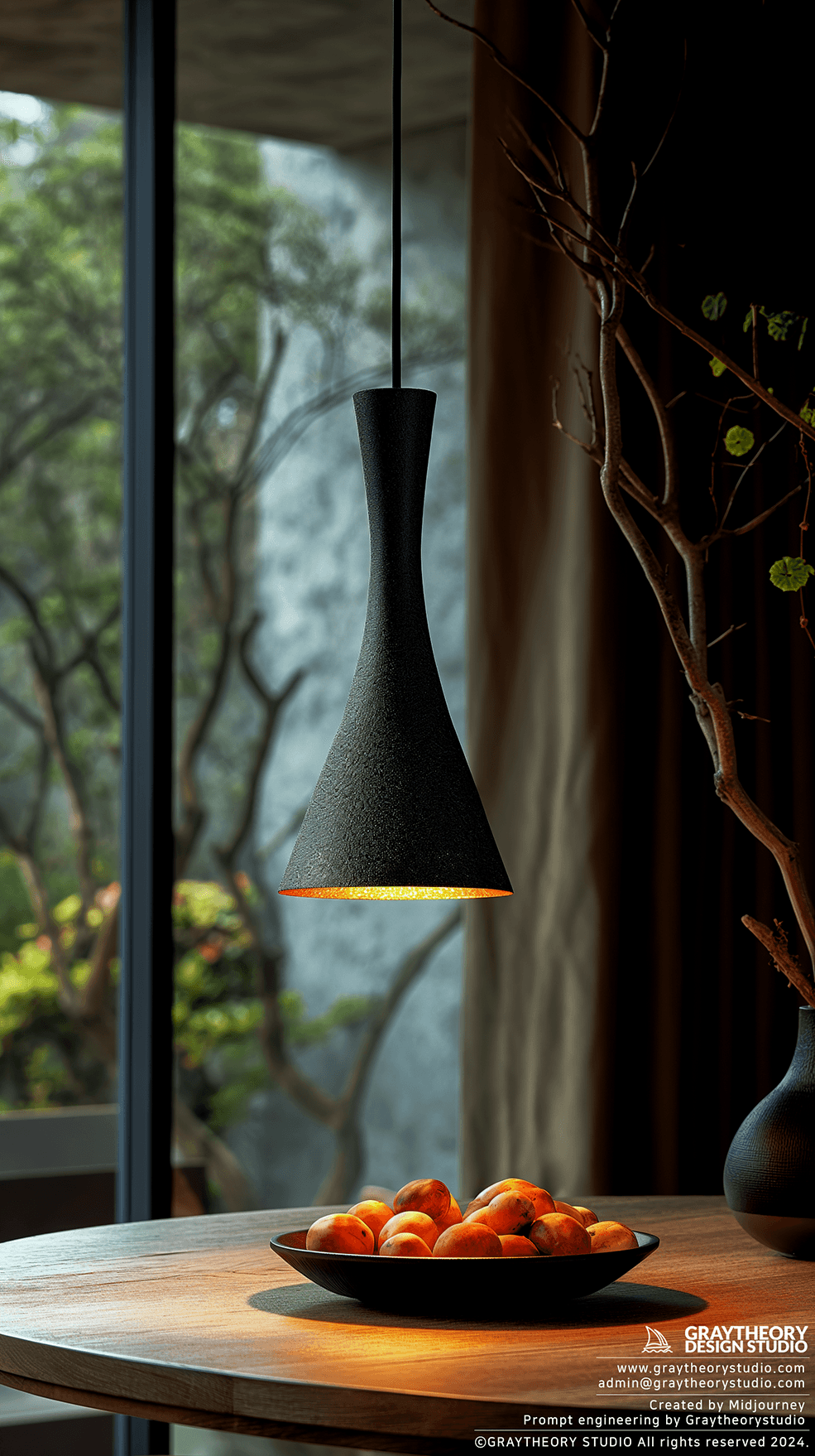 AI generated: Photograph, modern pendant light, matte black finish, suspended over a circular oak dining table, th...