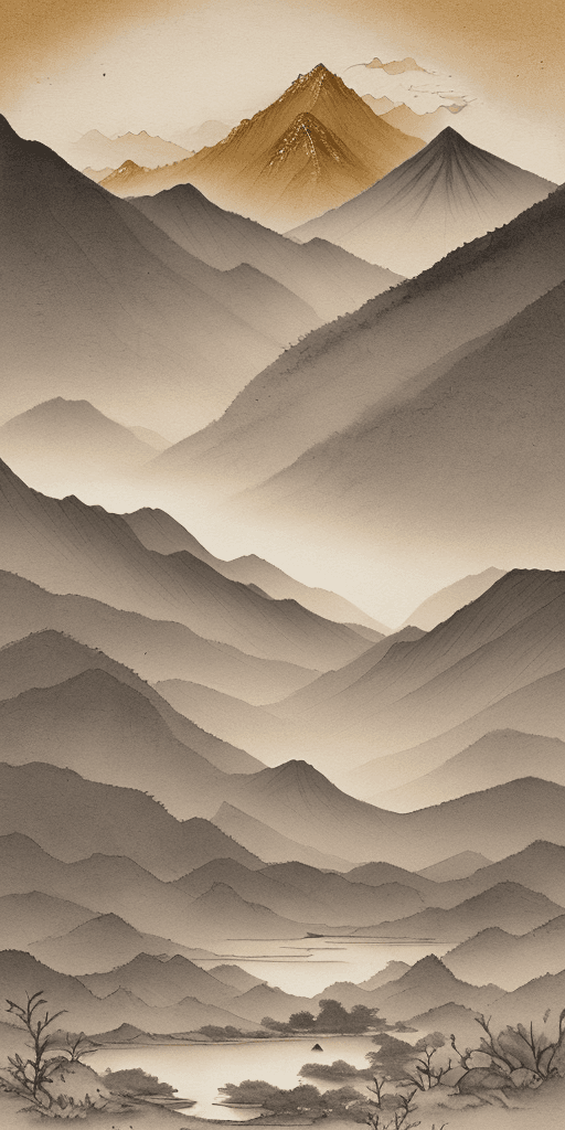 AI generated: Chinese ink wash painting, majestic mountains, lush forests, glittering lakes, desert dunes, golden ...