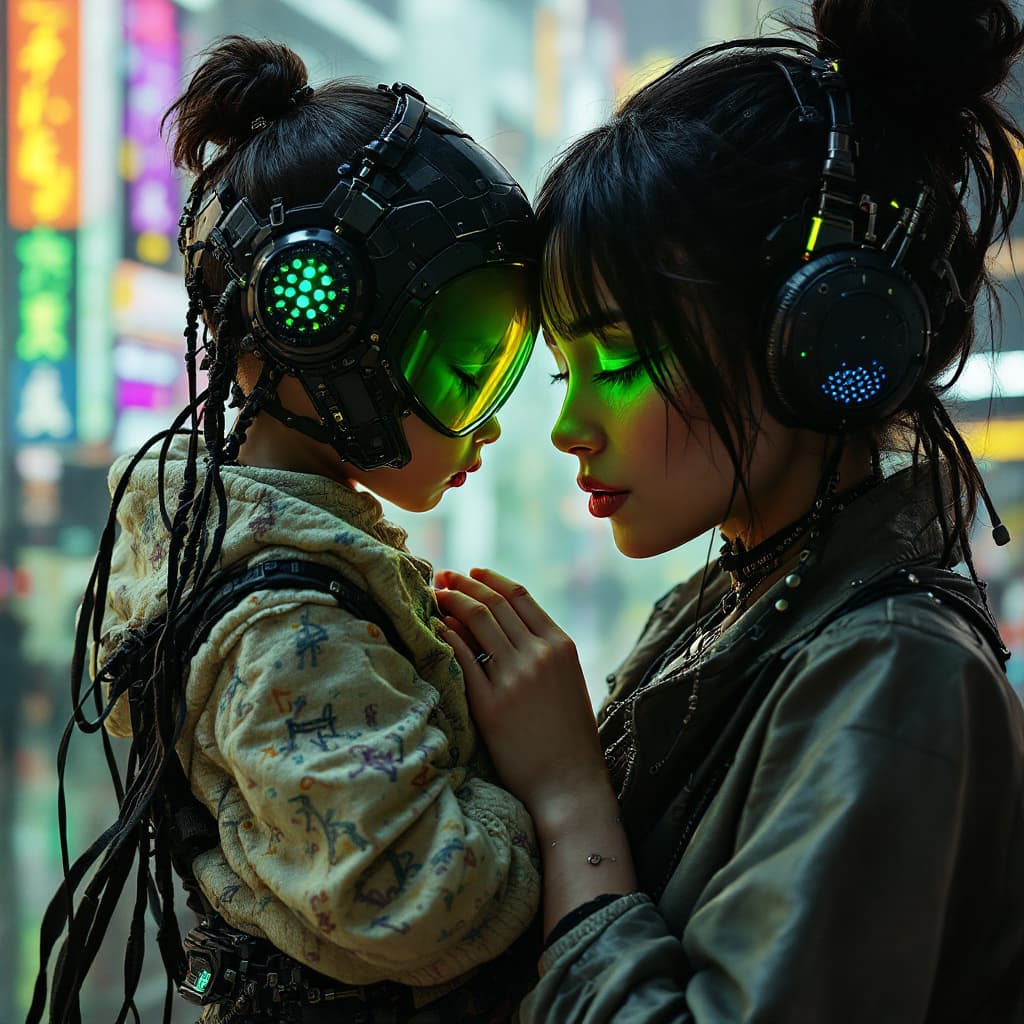 AI generated: Cyber Punk mother and child
