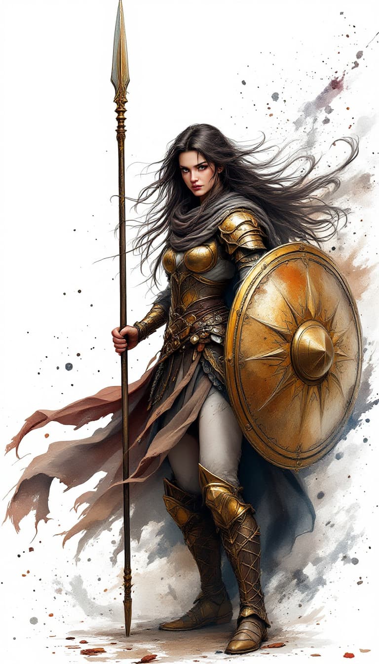 AI generated: 1 woman, spear, long flowing hair, dark brown hair, white background, solo, looking at viewer, dark ...