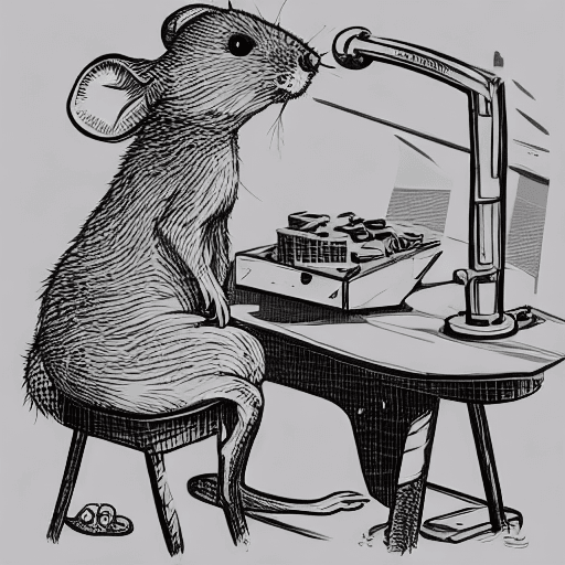 AI generated: A shockingly detailed monochromatic vector illustration of a mouse examining a strange and otherworl...