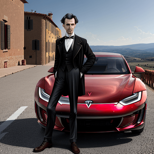 AI generated: super realistic real life photo of Nikola Tesla in 2023, standing in front of a car looking like a r...