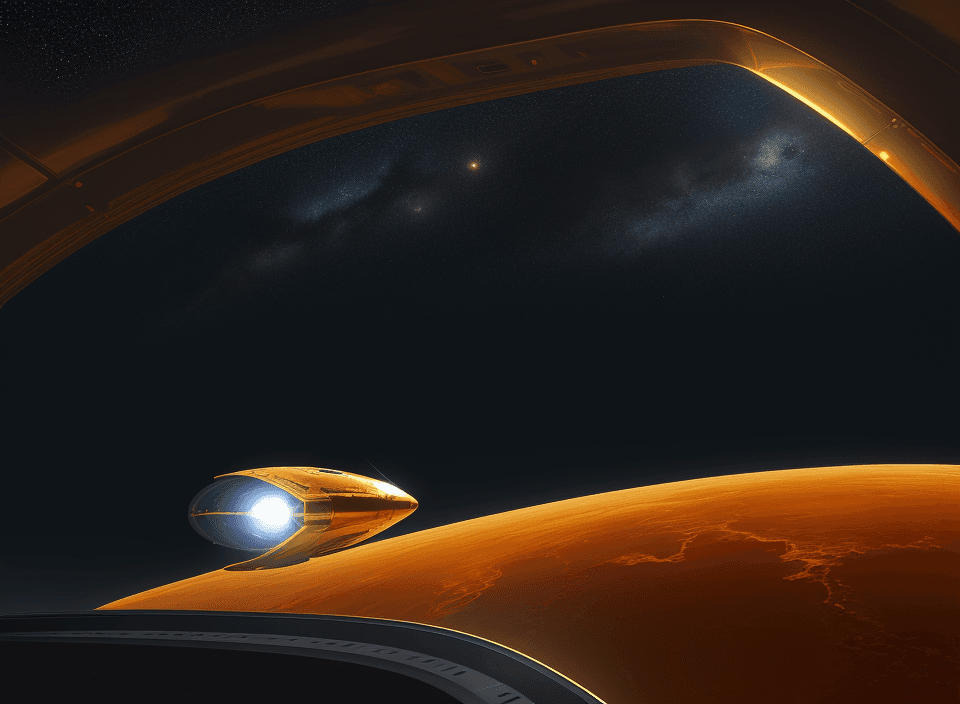 AI generated: realistic oval gold shiny metal spaceship no windows landing on the orange dessert ultramarine night...