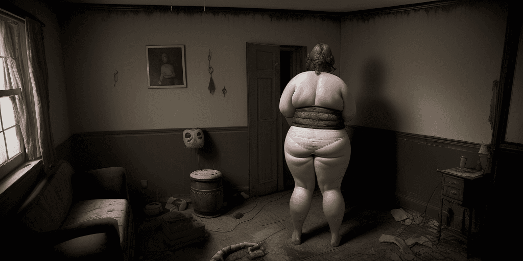 AI generated: a photograph of a chubby 50 year old woman, in her underwear in the corner of the living room of an ...