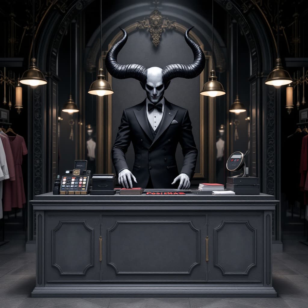 AI generated: posimas sales stand,attended by the devil,elegant european clothing,cash register,no people,front vi...