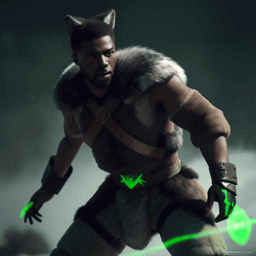 AI generated: black man trains soldiers wearing wolf pelts to fight with green glowing magic, hyper-realism, high ...