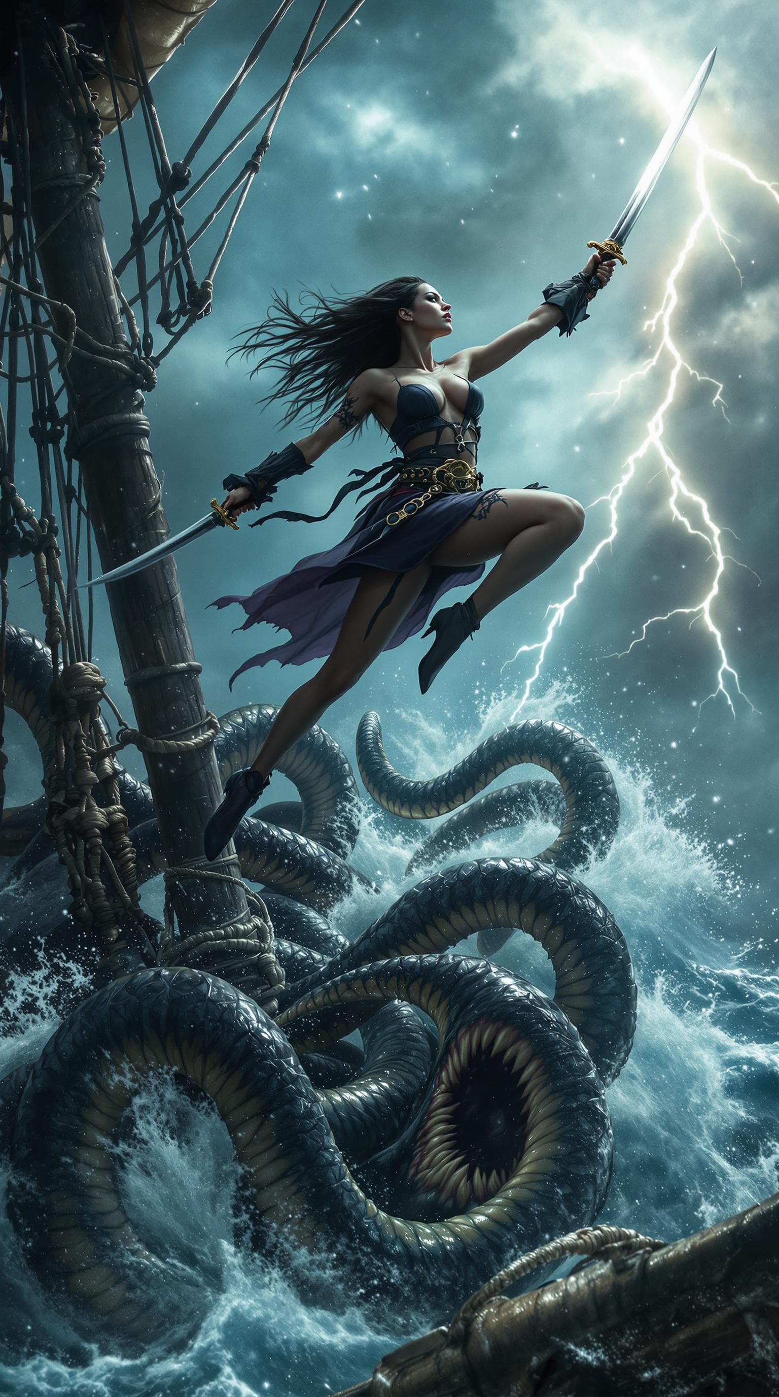 AI generated: Movie quality Side view Action scene: Amidst the tempestuous Caribbean sea, a beautiful but fierce a...