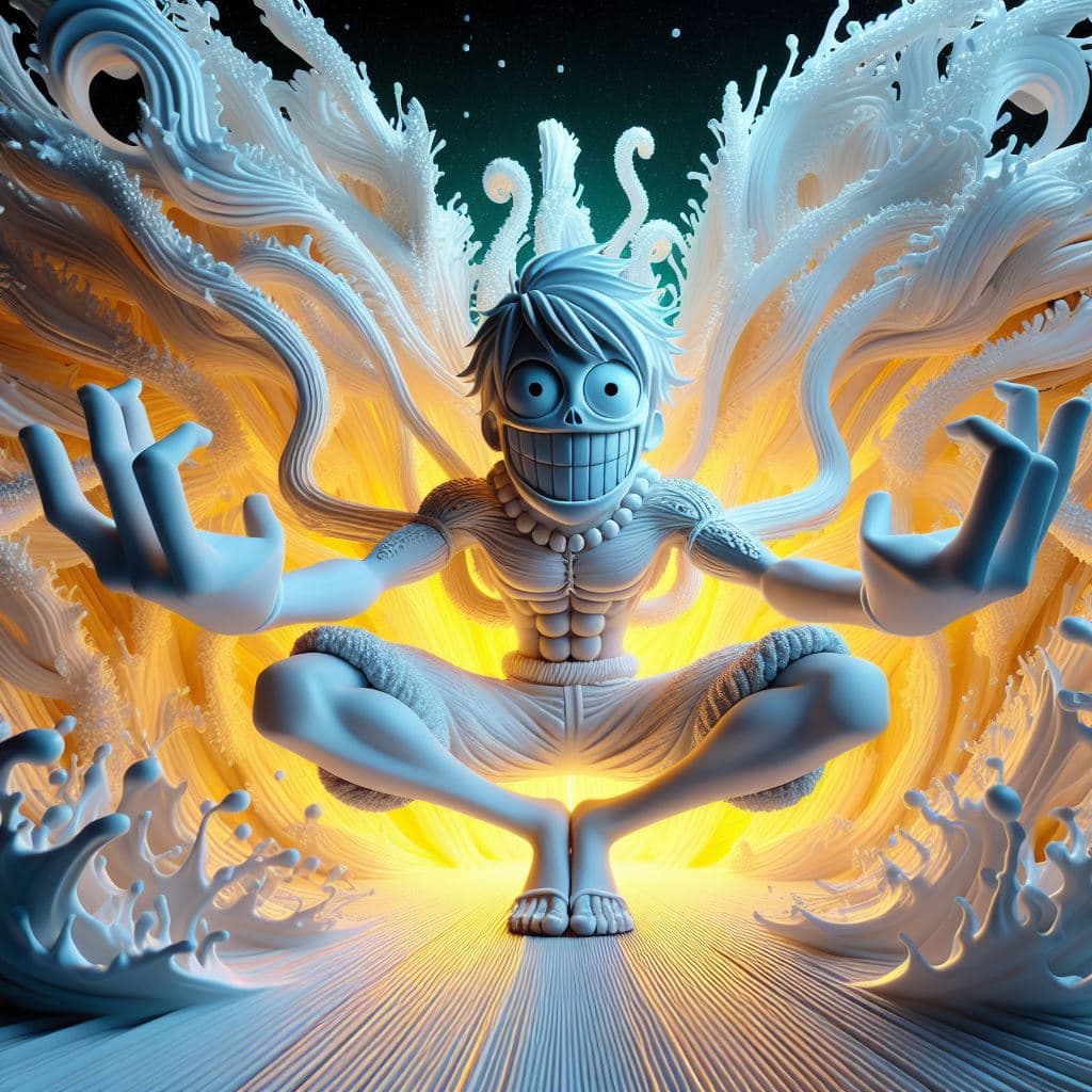 AI generated: Create a visually stunning, ultra-realistic, and humorous depiction of Luffy from One Piece, showcas...