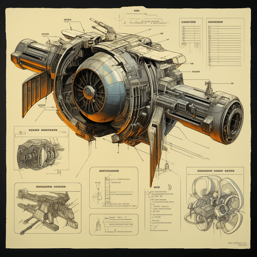 AI generated: sketches blueprint of futuristic sci fi, warp engine, warp bubble configurations, hyperdrive engines...