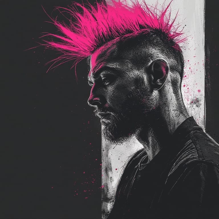 AI generated: A man with a vibrant pink mohawk is the central focus, his gaze directed downward in a moment of qui...