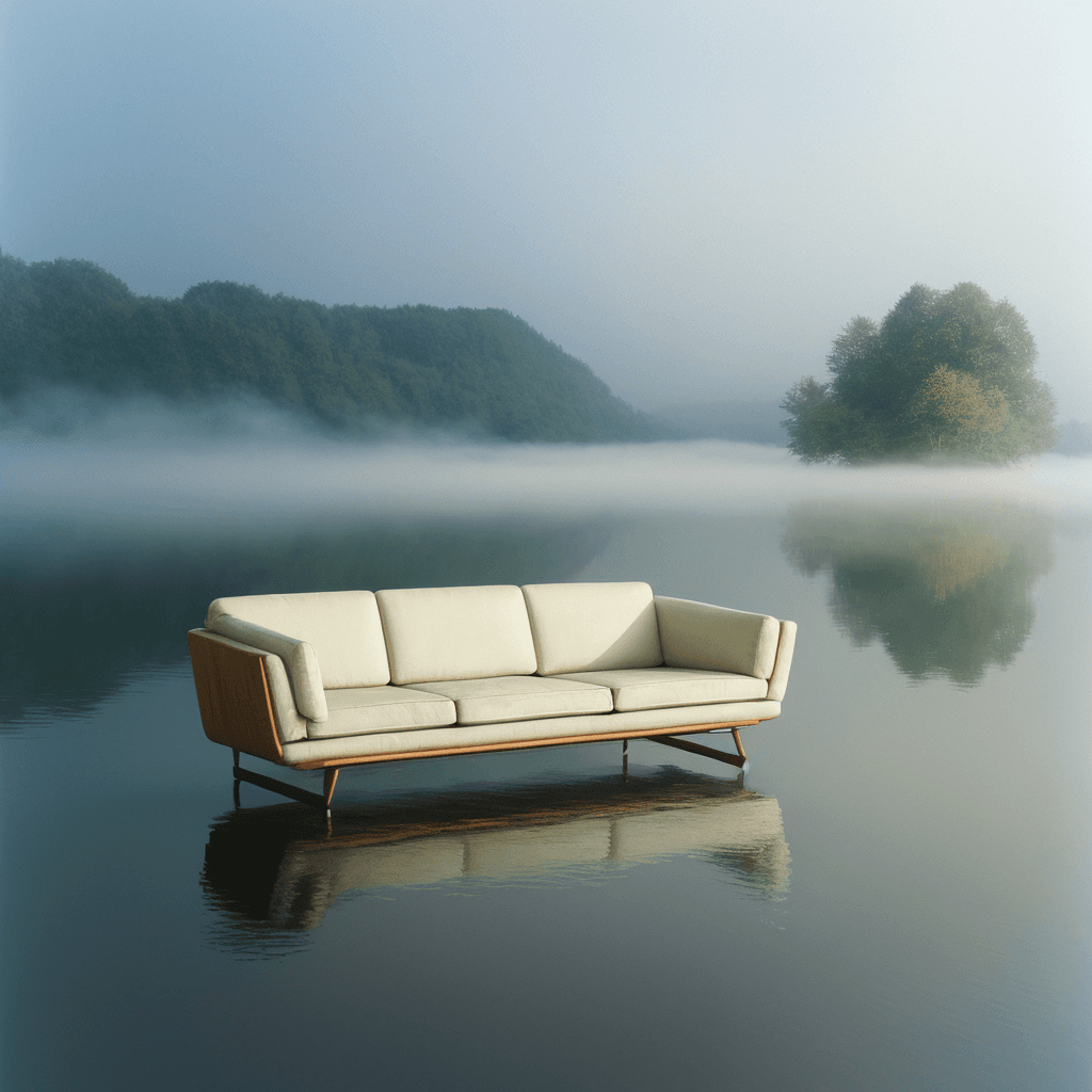 AI generated: by_Paul_Robertson,Photo of a broken big sofa sticking out of the lake, fog mads berg, design chair b...