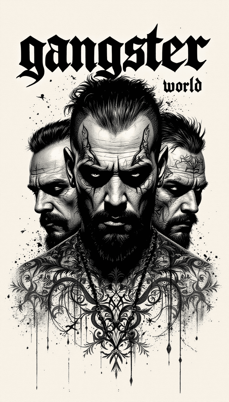 AI generated: Poster design,3 Mexican gangsters,face and body tattoos,dramatic b&w,typography “gangster world” at ...