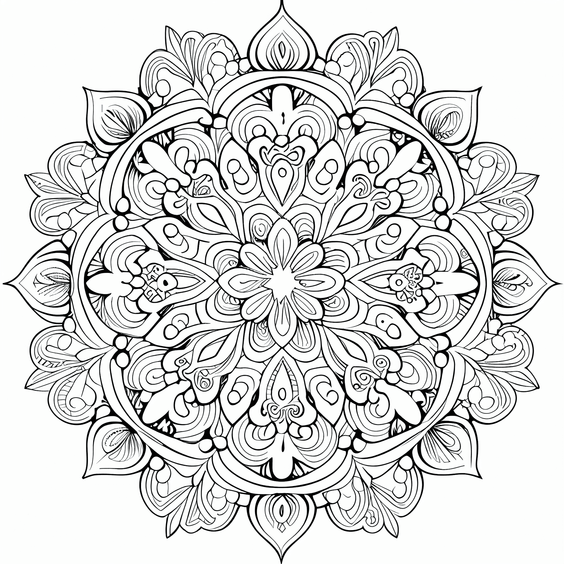AI generated: symmetrical mandala intricate, coloring page --q 2 --s 750 --upbeta 