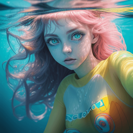 AI generated: A beautiful girl with big green eyes and long eyelashes is swimming underwater. The water around her...