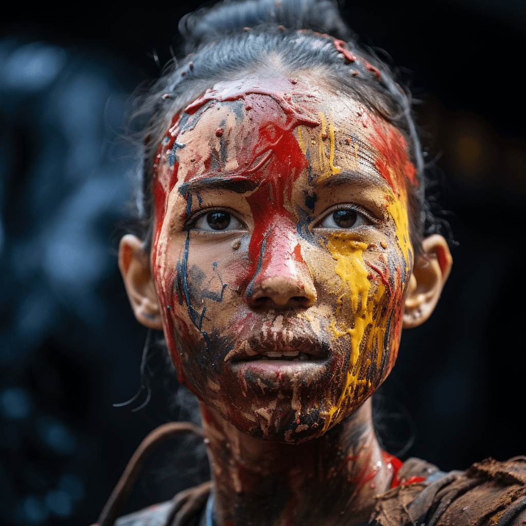 AI generated: A close-up of a young activist, face smeared with dirt and paint, eyes shining with determination. T...