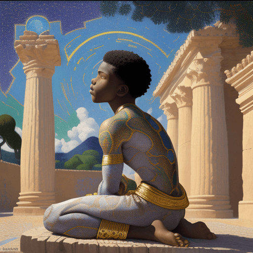 AI generated: African boy meditating, fine detailed pointillism painting + low-angle view, hyper-realistic, fantas...