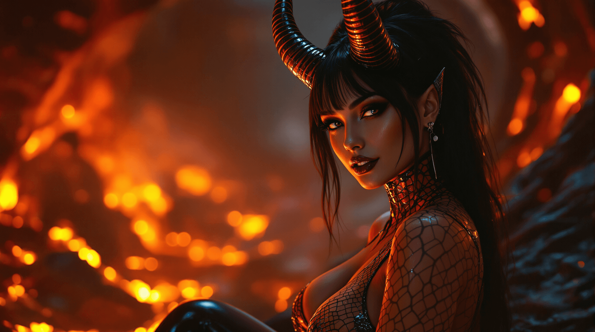 AI generated: close-up portrait of a female red demon, bathed in a warm, golden glow reminiscent of a sunset over ...