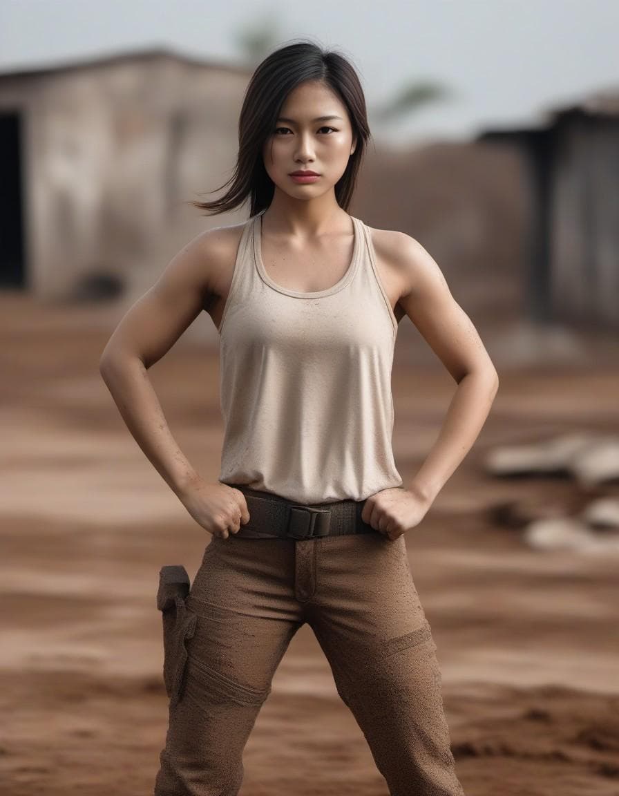AI generated: a rebel girl standing in a fighting pose covered in dirt with a runny nose and fists up determined l...