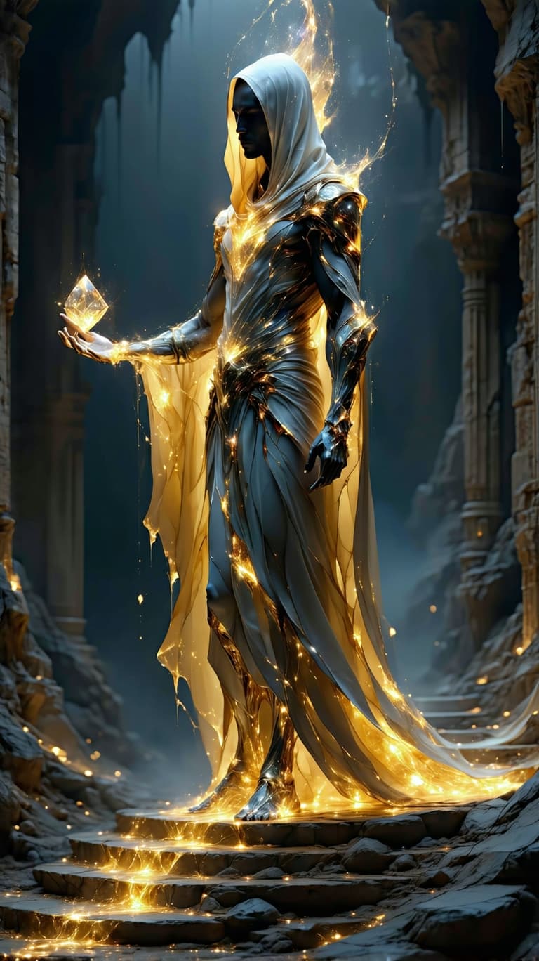 AI generated: A feature hyper-realistic gold, opal quartz, neon hues, silver holographic reflections, and cosmic t...