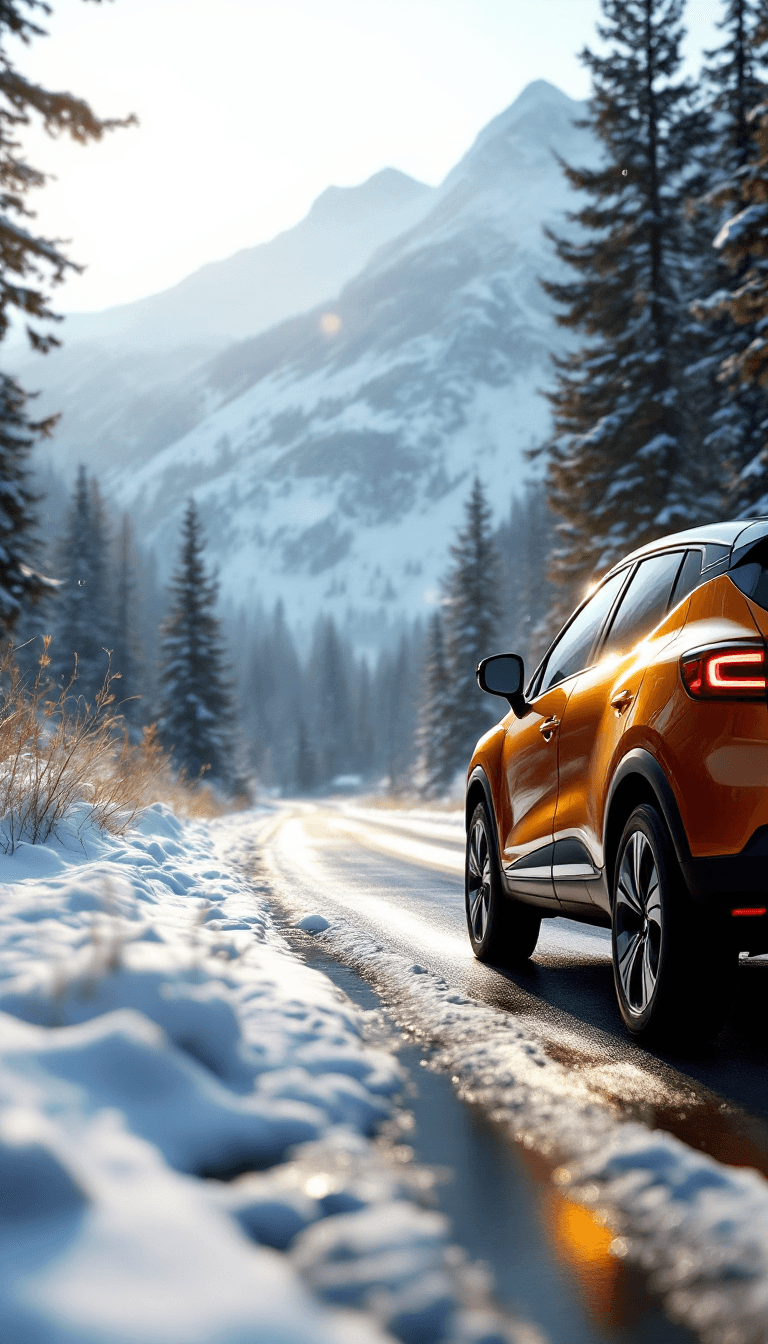 AI generated: Side shot of renault captur driving on a road next to montain, winter day, light reflection on car, ...