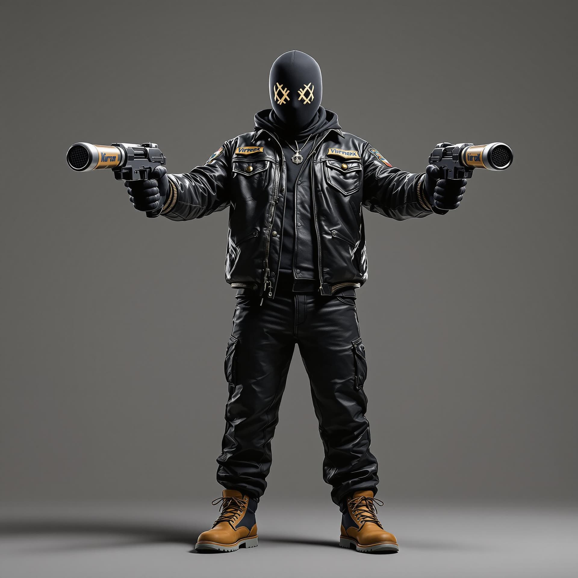 AI generated: full size, full body, front view of an ski mask man in a hip hop avirex leather varsity jacket arms ...
