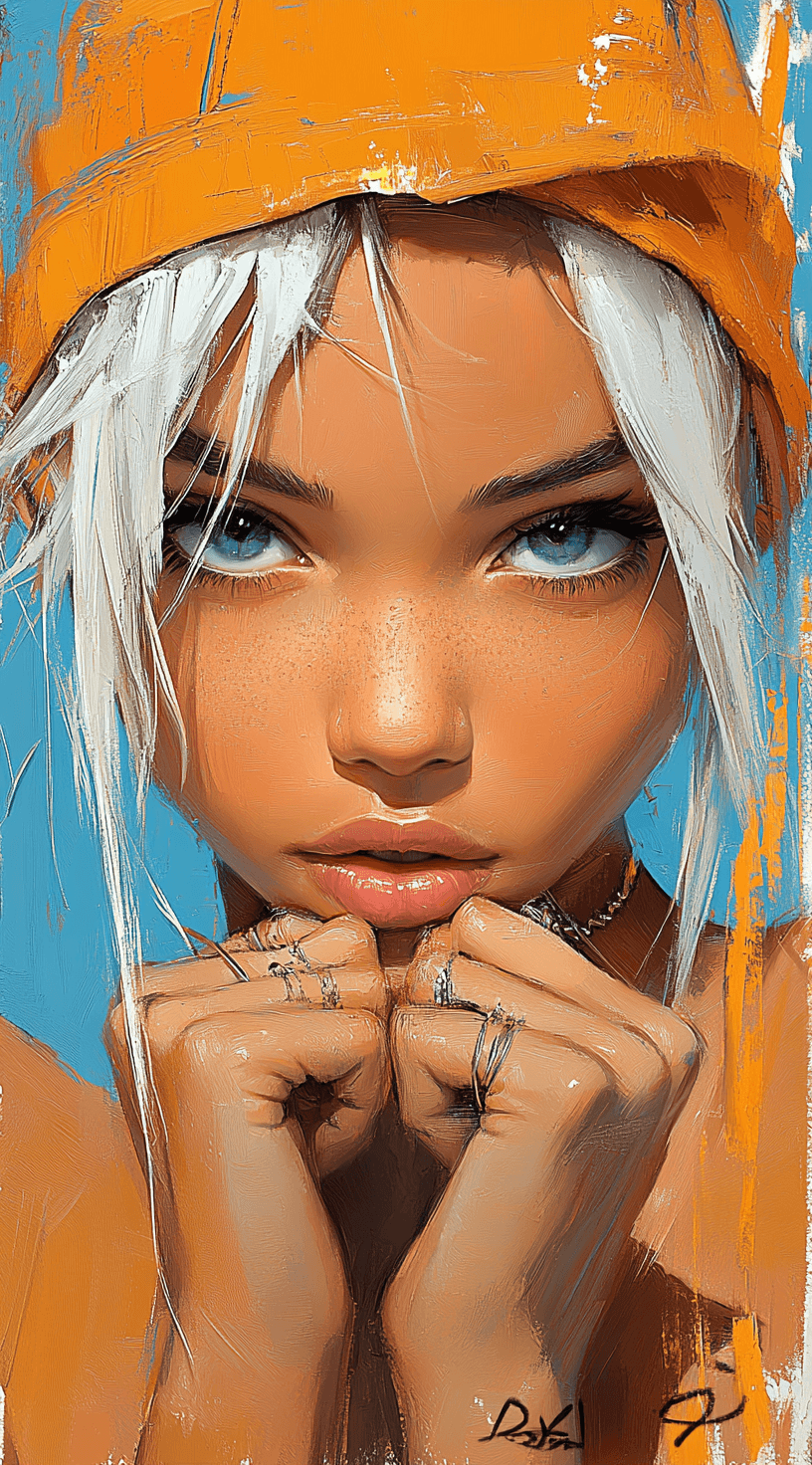 AI generated: an image of a girl with white hair, in the style of ross tran, light teal and dark orange, guido van...